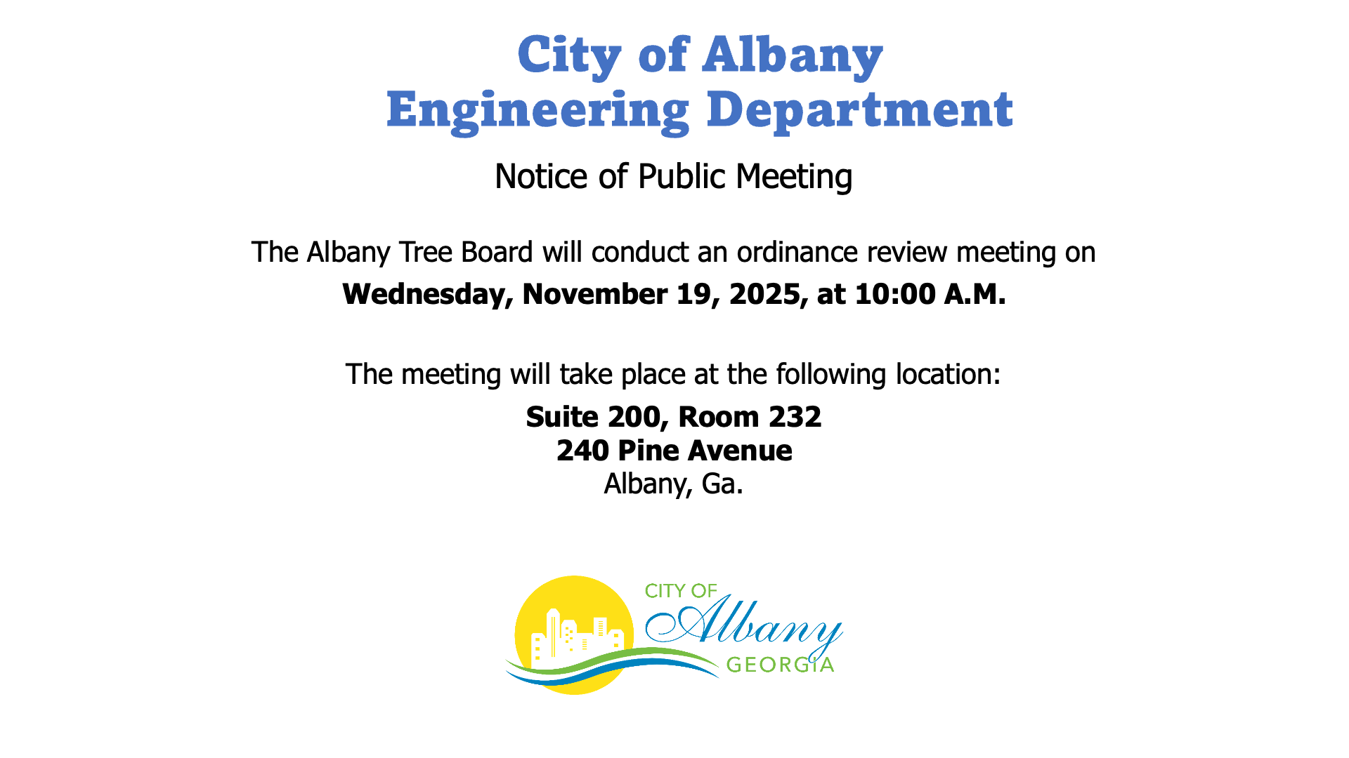 Albany Tree Board Meeting Announcement - 11/19/25