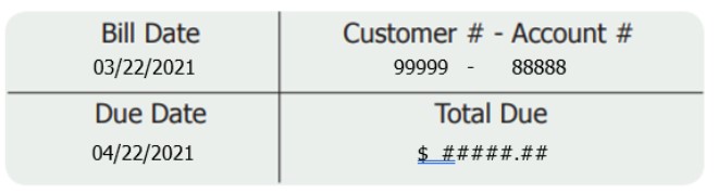 Screenshot of a bill showing customer and account numbers, bill and due dates, and total due